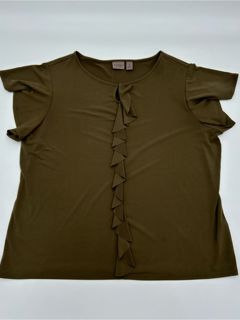 Chico’s Olive Cascade Ruffle Short Sleeve Top 3 or US 18